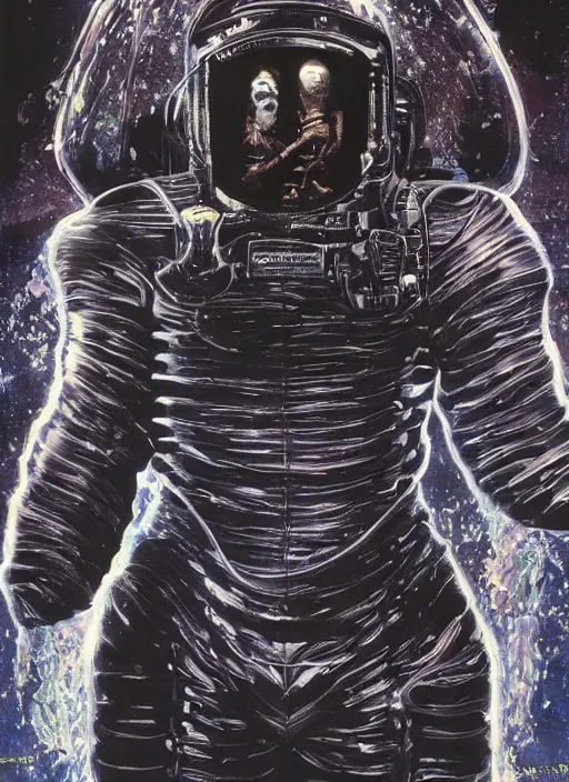 Image similar to detailed astronaut suit in dark void underwater - complex and hyperdetailed suit. reflection and dispersion materials. rays and dispersion of light. glowing lights. volumetric light. f / 3 2. noise film photo. flash photography. ultra realistic, wide angle. poster by wayne barlowe, hajime sorayama aaron horkey, craig mullins