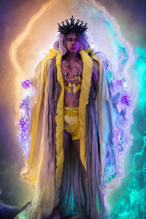 Prompt: photo of fullbody rococo and cyberpunk delicate neon crystalline sculpture of seductive muscular onyx albino marble prince camilo echeverry teal iridescent humanoid deity wearing yellow plastic hooded cloak holding an onyx skull in a onyx space dungeon, reclining, glowing yellow face, crown of white diamonds, cinematic lighting, photorealistic, octane render 8 k depth of field 3 d