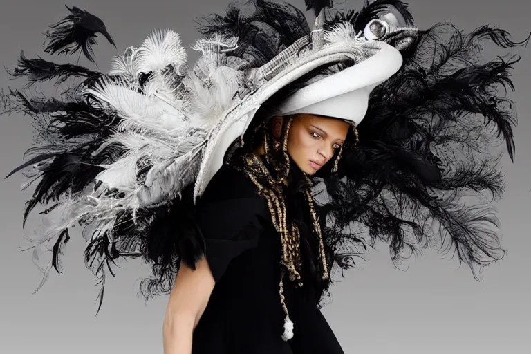 Image similar to a woman walking down a runway with a large cloudy hat on her head, a surrealist sculpture by alexander mcqueen, trending on behance, afrofuturism, made of feathers, whimsical, steampunk