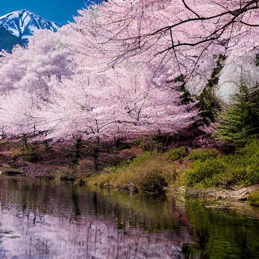 Image similar to forest and lakes with Sakura flowers with snow mountains at the background