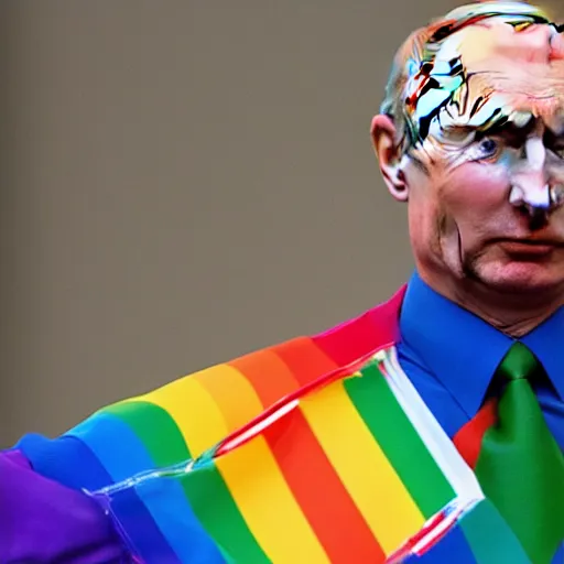 Prompt: Vladimir Putin wearing rainbow suit, Gay pride, rainbow flags