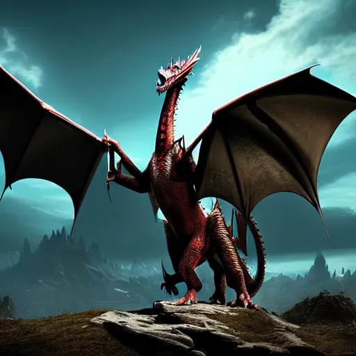 Image similar to a dragon wearing a saddle. Game of thrones. 4K. Rendered in unreal engine. Fantasy art. Digital painting. Matte painting. Beautiful sky. Volumetric light.