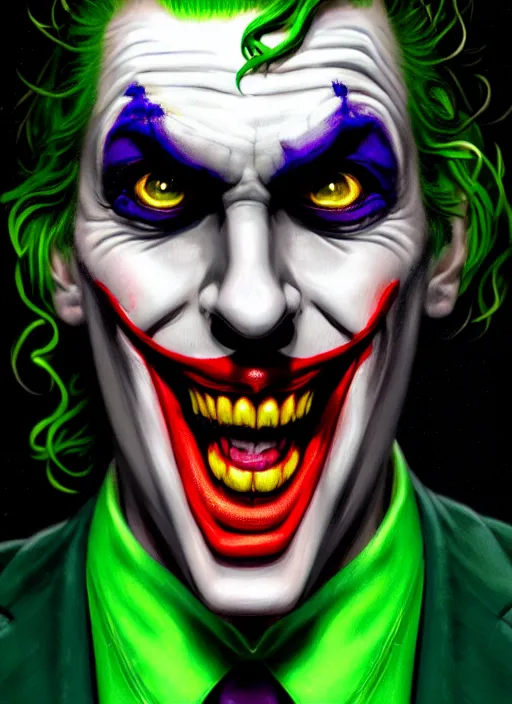 Image similar to portrait of neil cicierega as the joker, green hair, intricate, elegant, glowing lights, highly detailed, digital painting, artstation, concept art, sharp focus, illustration, art by wlop, mars ravelo and greg rutkowski