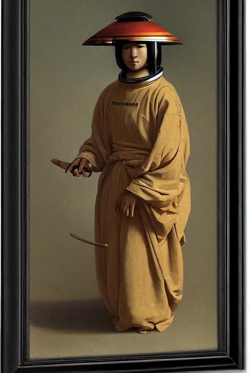 Prompt: portrait of a astronaut in samurai helmets an ancient human species, single person, by bouguereau