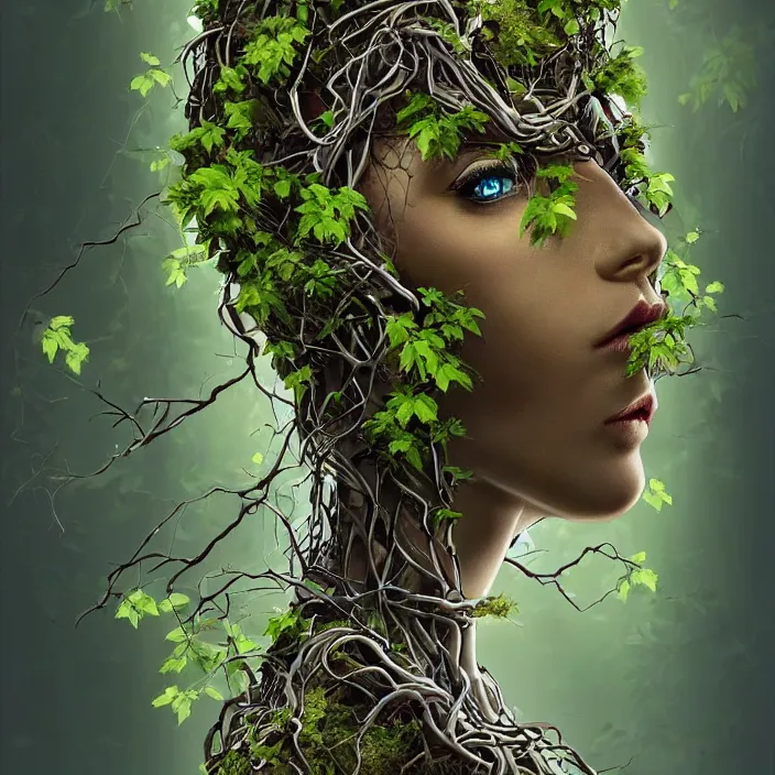 Prompt: beautiful nature goddess portrait, half robot, entwined in vines, branches and ivy, dark forest theme, sci - fi, highly detailed, elegant, hyper - realistic