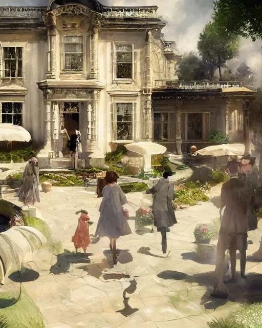 Image similar to craig mullins and ghibli digital painting of a 1 9 2 0 s grand party in a beautiful mansion, many partygoers, unreal engine, hyper realism, realistic shading, cinematic composition, realistic render, octane render, detailed textures, photorealistic, ultrawide shot, 3 5 mm film