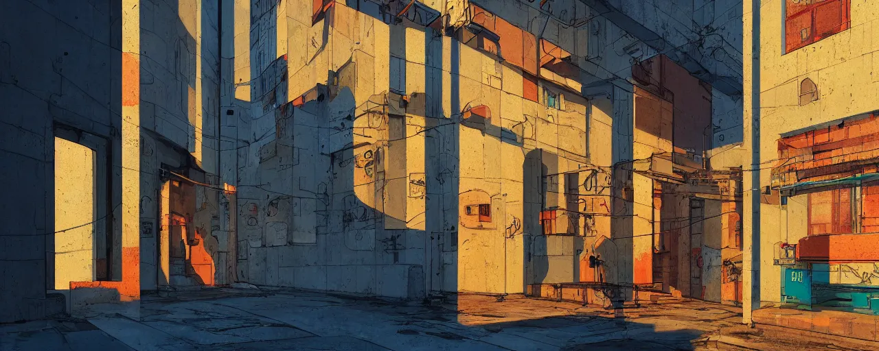 Prompt: neo brutralism, concrete housing, an archway, concept art, colorful, vivid colors, sunrise, warm colors, light, strong shadows, reflections, oilpainting, cinematic, 3D, in the style of Akihiko Yoshida and Edward Hopper