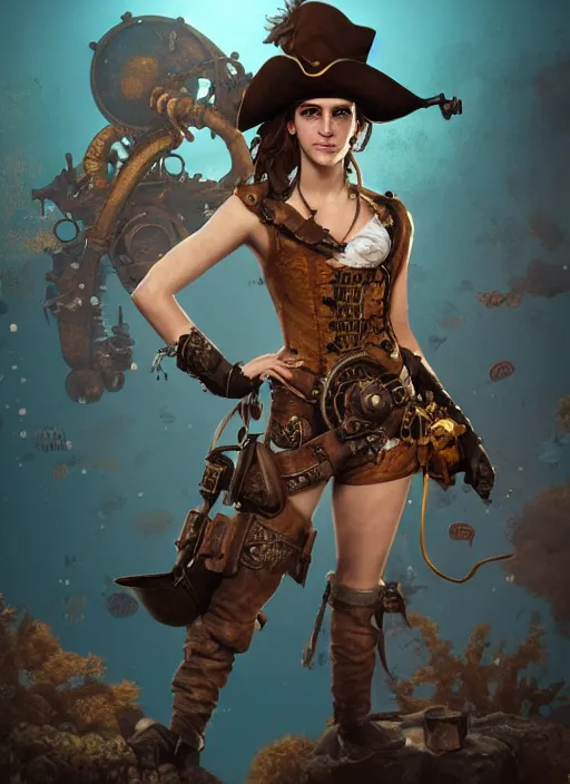 Image similar to underwater steampunk pirate cowboy portrait of emma watson, hyper detailed, digital art, cinematic lighting, studio quality, smooth render, unreal engine 5, octane rendered, art style by klimt and nixeu and ian sprigger and wlop and krenz cushart.