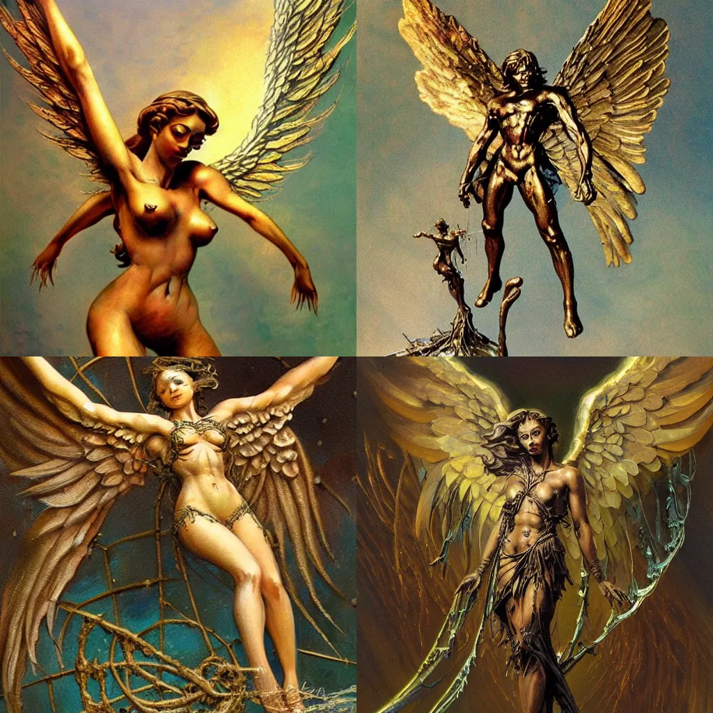 Prompt: fantasy painting of winged bronze angel surrounded by cobwebs, illustration painting, frank frazetta daarken