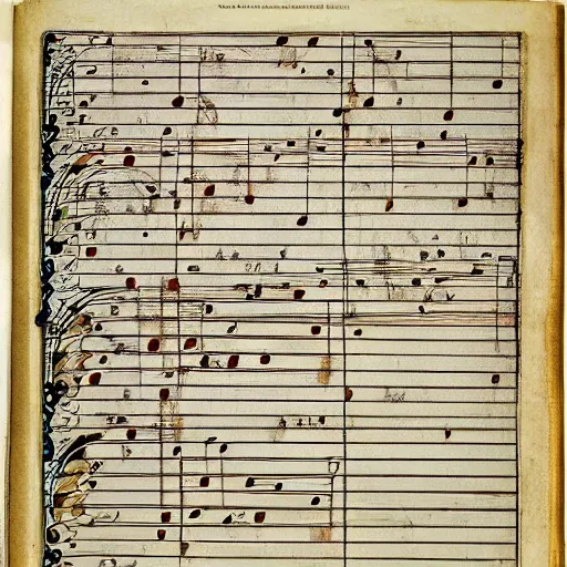 Image similar to music score drawn by botticelli, opera, symphony, musical notes, musical score, detailed