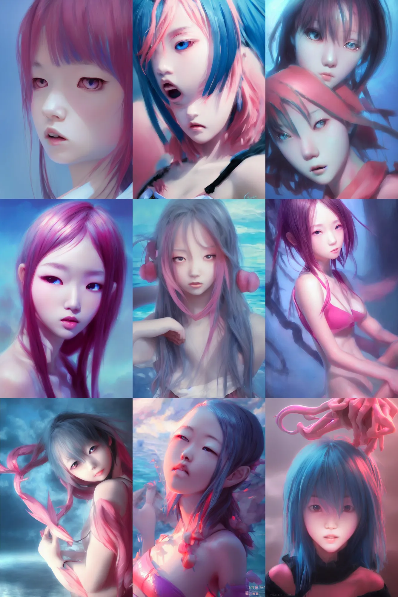 Prompt: 3d dark infrared octane render large concept art by D. Jun, by Mo Xiang Tong Xiu, by Igarashi Daisuke, beauty anime schoolgirl under dark pink and blue water. cute face. dramatic light, trending on artstation, oil painting.