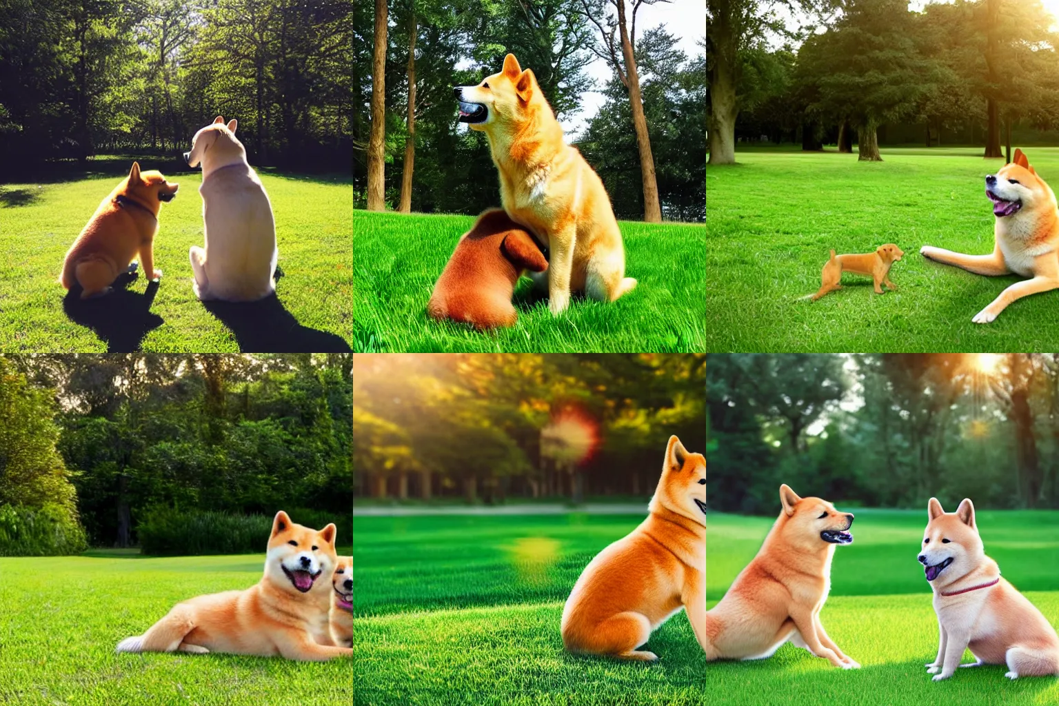 Prompt: Photorealistic cute golden retreiver next to a shiba inu dog , both sat down, and looking at the sun, view from the back, green grass , beautiful trees around