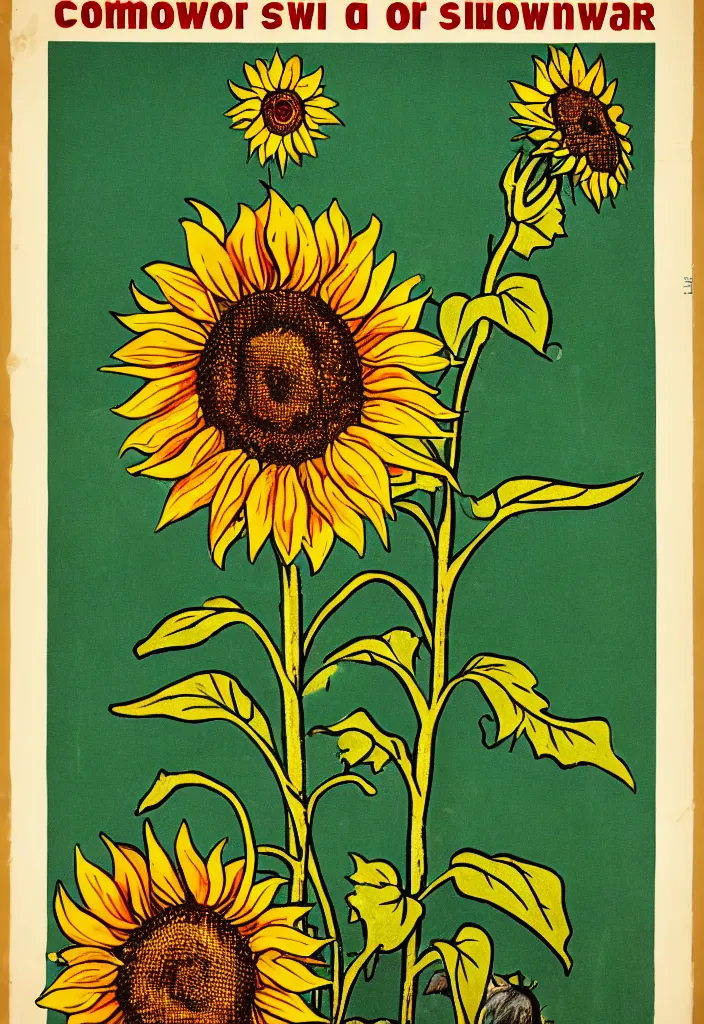 Prompt: A communist Propaganda Poster of a sunflower growing out of a dead soldier.