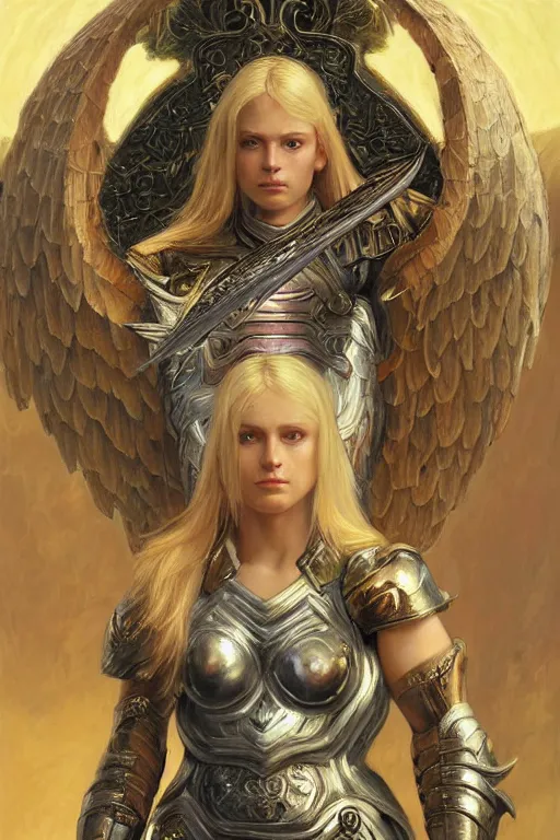 Image similar to a beautiful female angel warrior , half body portrait, blond hair, ornate armour, realistic oil painting by Thomas Cole and Wayne Barlowe and Boris Valejo