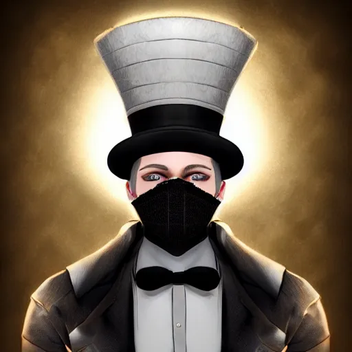 Image similar to a highly detailed portrait of a man in a high top hat covering his face, in a black tailcoat with a yellow waistcoat under the tailcoat, artstation, deviantart, professional, unreal engine 5, photorealistic