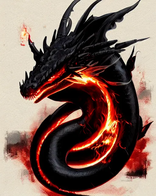 Image similar to black red ink smoke draconic serpent portrait, explosion of flames, tony sart, noir, artstation, ismail inceoglu