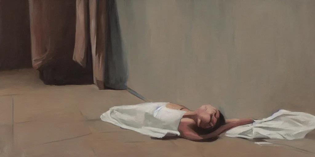 Image similar to painting of sad woman, alone, lying on the floor of a bathroom