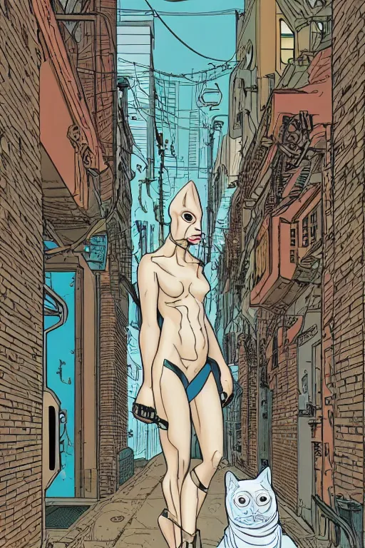 Image similar to a cyborg!! sphynx cat!!, in a cyberpunk alleyway by daniel clowes