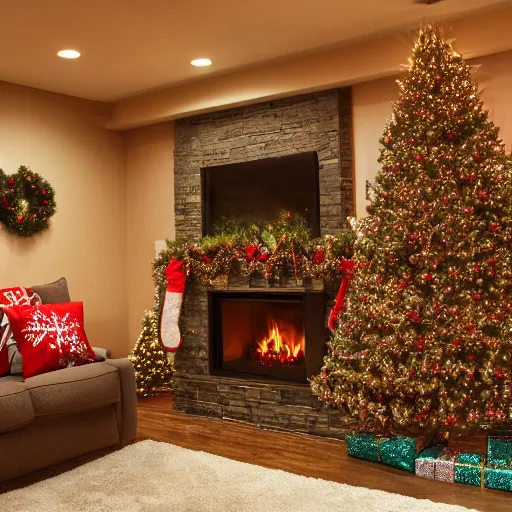 Image similar to interior of a cozy basement with christmas decorations, hd photo