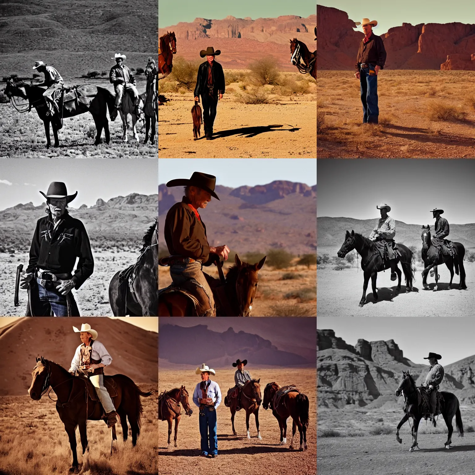 Prompt: clint eastwood as a cowboy with colts ready to shoot. desert in the background. cinematic, 5 0 mm lens