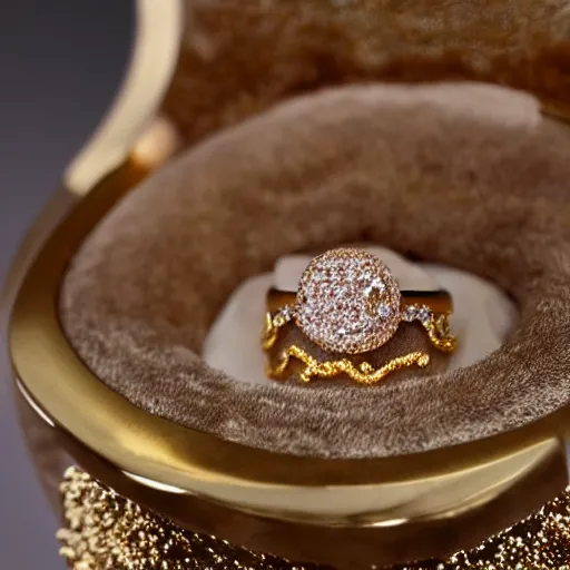 Prompt: a wonderful ring, 24K gold, golden beef stroganoff with encrusted diamonds