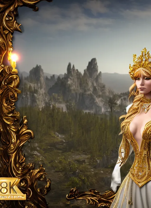 Image similar to a photo of 8 k ultra realistic humanoid princess with long blonde hair, standing next to a beautiful view, ornate white officers outfit with gold embellishments, cinematic lighting, trending on artstation, 4 k, hyperrealistic, focused, extreme details, unreal engine 5, cinematic, masterpiece