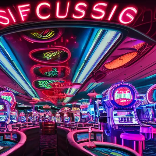 Image similar to futuristic casino, crisp, artistic, artstation, luxury, las vegas, beautiful, large, neon
