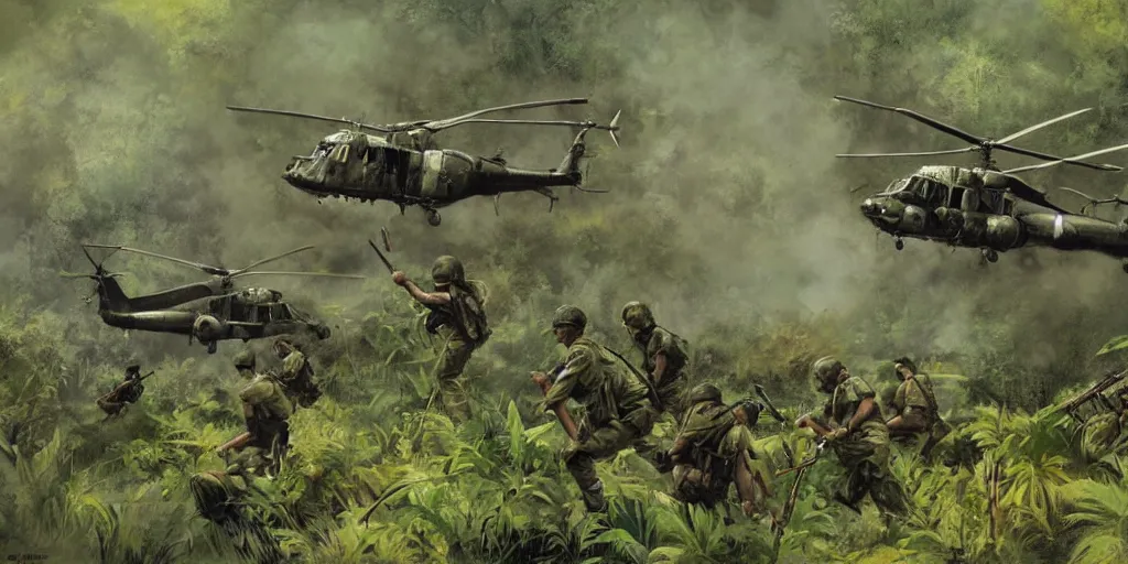 Image similar to vietcong ambushing 3 huey helicopters offloading soldiers in a clearing of a jungle, gritty, realistic, high contrast, cinematic, art by craig mullins