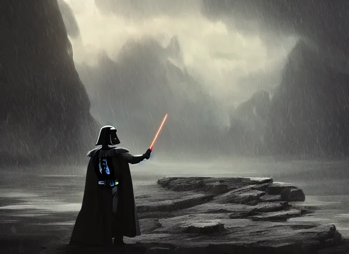 Image similar to darth vader bowing to gandalf, beautiful landscape, dramatic lighting, cinematic, establishing shot, night time, heavy rain, extremly high detail, photorealistic, cinematic lighting, post processed, concept art, artstation, matte painting, style by greg rutkowsky