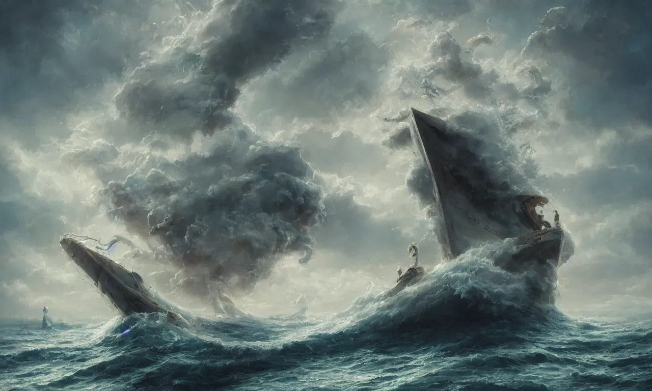 Prompt: breathtaking detailed soft painting of an empty drunk ship with mystical horrors, bathing in dreaming lactescent sea, alcohol with blue delirium skies, water drowned hurrican, elegant, highly detailed, artstation, concept art, matte, sharp focus, art by tom bagshaw, and greg rutkowski