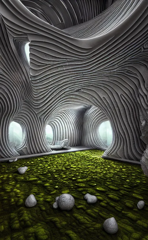 Image similar to highly detailed ultra sharp 3 d render villa interior cinematic composition of a smooth ceramic porcelain biomorphic magnolia stone nebula fluid fractal sci - fi surreal architecture landscape, granite, metallic, magnesium, marble, moss and lichen, vincent callebaut composition, mamou - mani, archviz, beautiful lighting, 8 k, unreal engine, hdr,