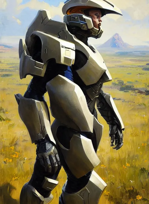 Image similar to Greg Manchess painting of a humanoid Corgi wearing Forerunner Armor from Halo, countryside, calm, fantasy character portrait, dynamic pose, above view, sunny day, artwork by Jeremy Lipkin and Giuseppe Dangelico Pino and Michael Garmash and Rob Rey, very coherent asymmetrical artwork, sharp edges, perfect face, simple form, 100mm