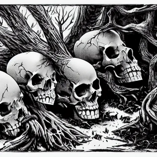 Image similar to Skulls lying under a dead tree. Close Up Shot, Dark Fantasy, Film Noir, Black and White. High Contrast, Mike Mignola, D&D, OSR