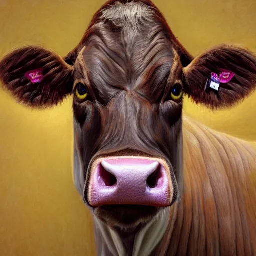 Image similar to portrait of a cow with the face of a man, hyper detailed, digital art, trending in artstation, cinematic lighting, studio quality, smooth render, unreal engine 5 rendered, octane rendered, art style by klimt and nixeu and ian sprigger and wlop and krenz cushart