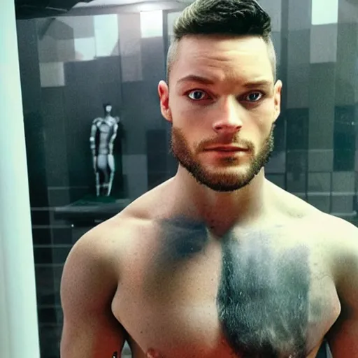 Image similar to “a realistic detailed photo of a guy who is an attractive humanoid who is half robot and half humanoid, who is a male android, Finn Balor, shiny skin, posing like a statue, blank stare”