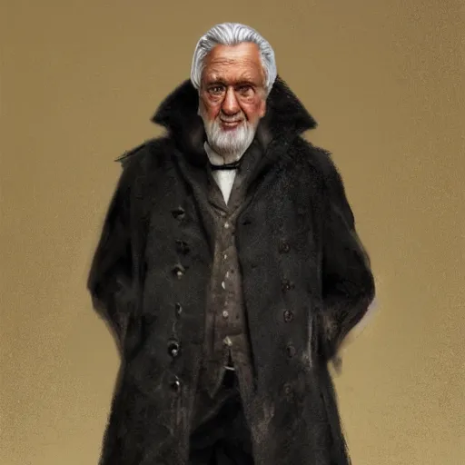 Prompt: full body portrait of an old stooped manservant grey hair with full length black coat, black boots, painting by james guthrie, digital painting, realistic, hyper realistic, photorealism, expressive emotions, octane render