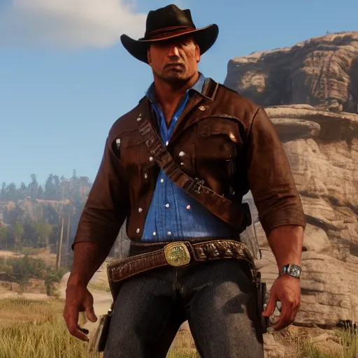 Prompt: dwayne rock johnson in the video game red dead redemption 2, 4 k, cowboy, realistic, full body, detailed