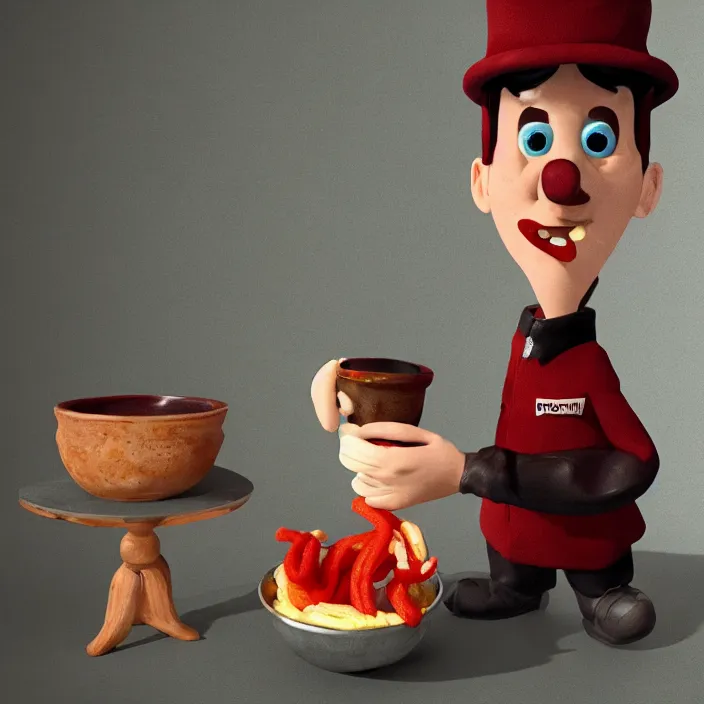 Prompt: postman pat devouring a bowl of worms, unreal engine, c 4 d, maya, museum ink painting, smooth, natural background, cinematic lighting, 8 k, artstation, concept art, aesthetic