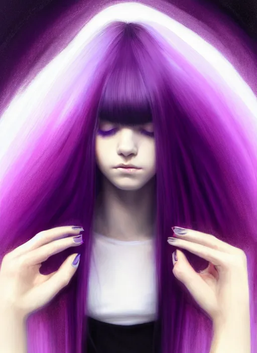 Image similar to hair whitebangs hair, black hair, blackbangswhitehair, portrait of teenage girl with white bangs, red irises, purple clothes, white bangs, bangs are different color from hair, intricate, elegant, glowing lights, highly detailed, digital painting, artstation, concept art, sharp focus, illustration, art by wlop, mars ravelo and greg rutkowski