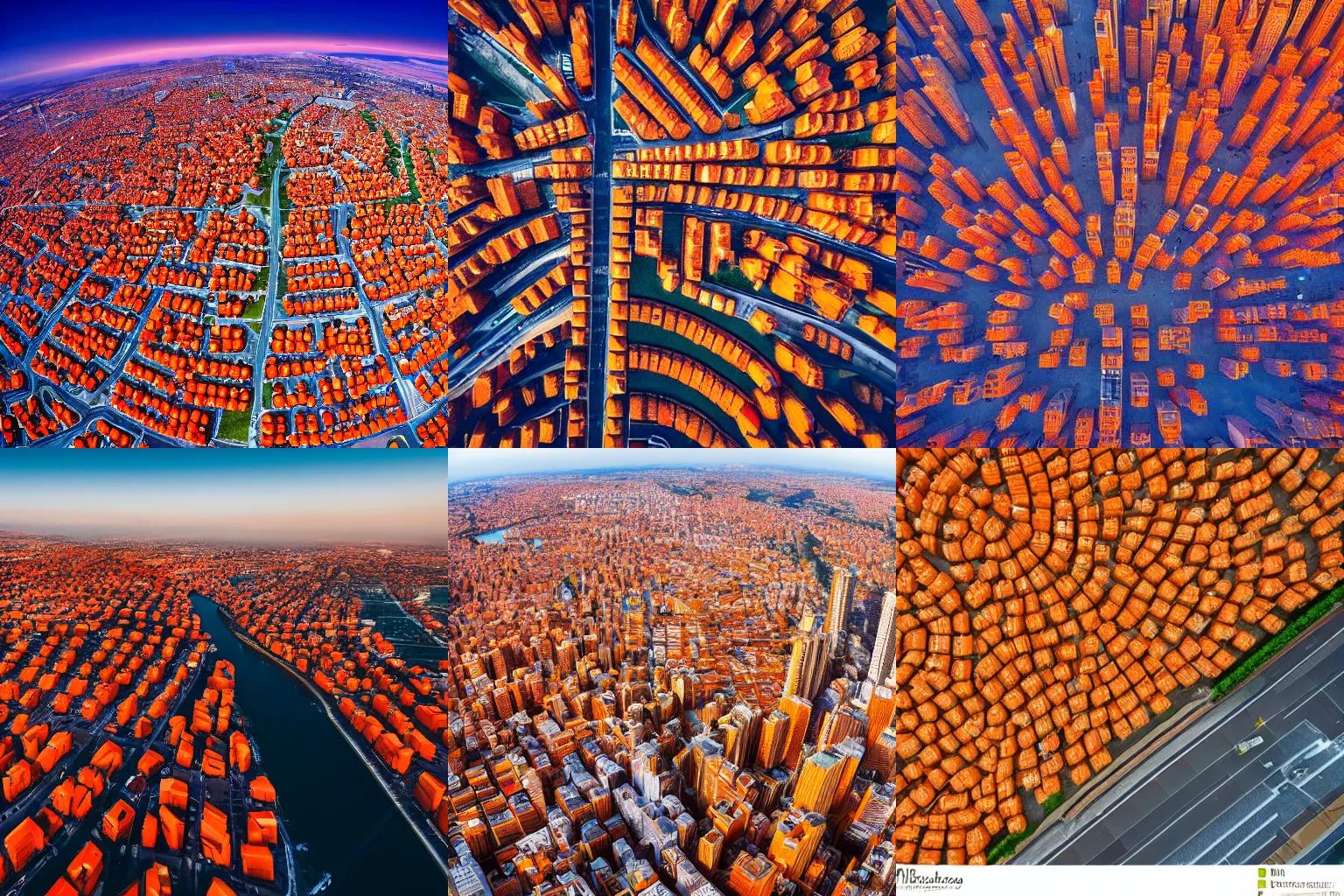 Prompt: a professional photo of a city made of oranges, sky - high view, wide - angle, 4 k, very detailed photo, bird - eye view