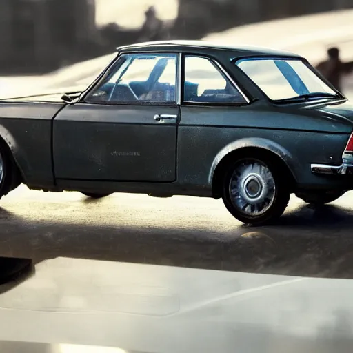 Image similar to closeup photo of vin diesel driving fiat 1 2 4, lada 2 1 0 1 2 1 0 6 zhiguli, ultra realistic, highly detailed, city, cinematic, art by jan urschel and neil blevins