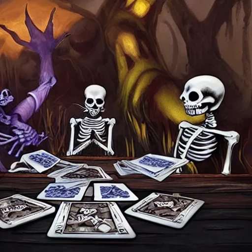 Prompt: skeletons playing magic : the gathering