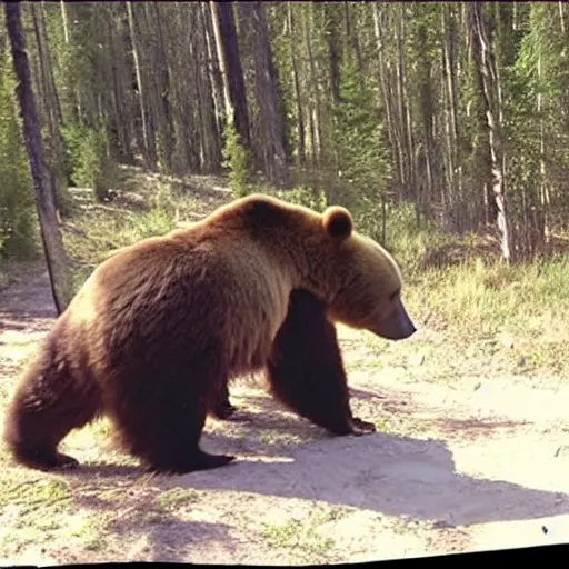 Prompt: trailcam footage of emma watson head locking a bear