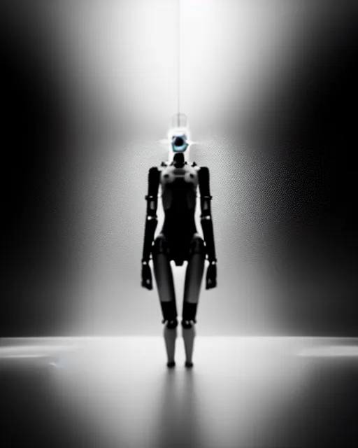 Image similar to black and white high quality photo of a beautiful futuristic female posthuman-cyborg looking into a sci-fi mirror, volumetric lighting, liminal space, brutalism, foggy, dreamy, hyperdetailed, bokeh, photorealistic, cinematic, masterpiece, Metropolis, elegant, dark, octane render, 8K, in the style of Dora Maar and Man Ray