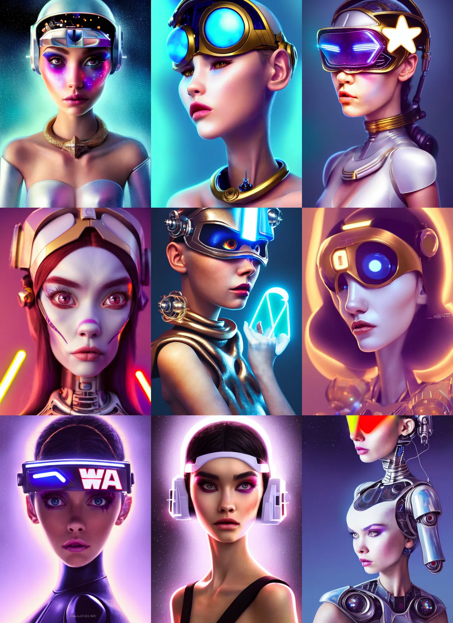 Prompt: pixar portrait 8 k photo, beautiful white star wars clowncore madison beer cyborg woman, golden ratio jewelry candy, sci - fi, fantasy, cyberpunk, intricate, visor, elegant, highly detailed, digital painting, ever after high, octane render, artstation, concept art, smooth, sharp focus, illustration, art by artgerm, loish, wlop