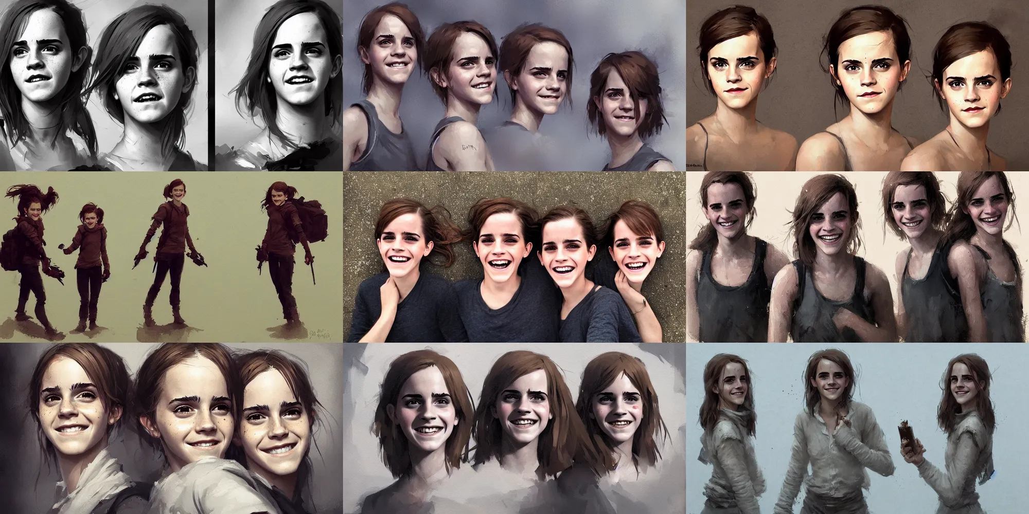 Prompt: emma watson identical twins smiling greg rutkowski!!! greg rutkowski!!! canon eos david bailey