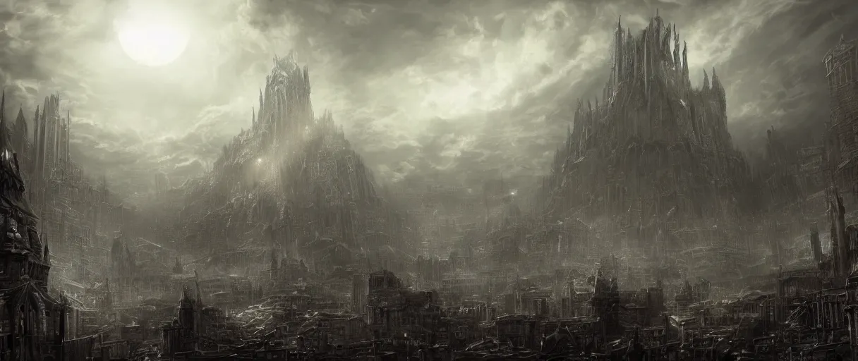 Prompt: digital concept art of large eldritch lovecraftian horror looming over city, dark souls style, volumetric lighting, large scale, night time, moon rays, high detail