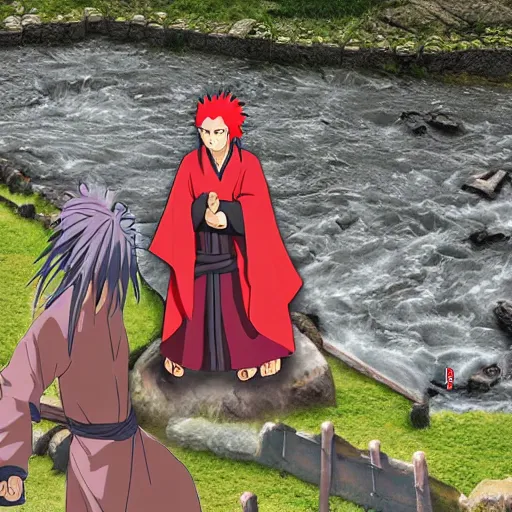 Image similar to 8 k uhd, hashirama senju vs madara uchiha 3 2 feet statue, river, mount, historical place, pilgrims, offerings, visitor, priest, photorealistic, highly details content