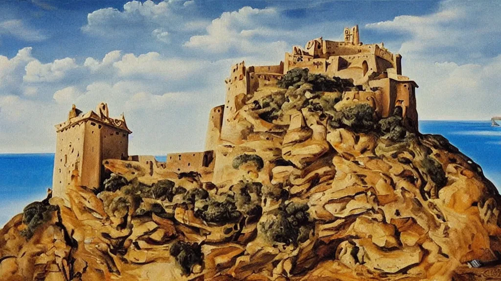 Prompt: High-Quality surrealist painting of Castell de Sant Ferran, peaceful, very detailed, oil painting by Salvador Dalí.