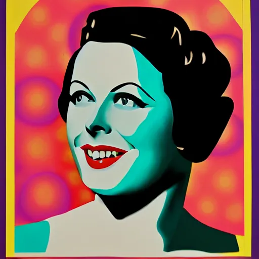 Image similar to rainbow smiling happy hedy lamarr. pop art.